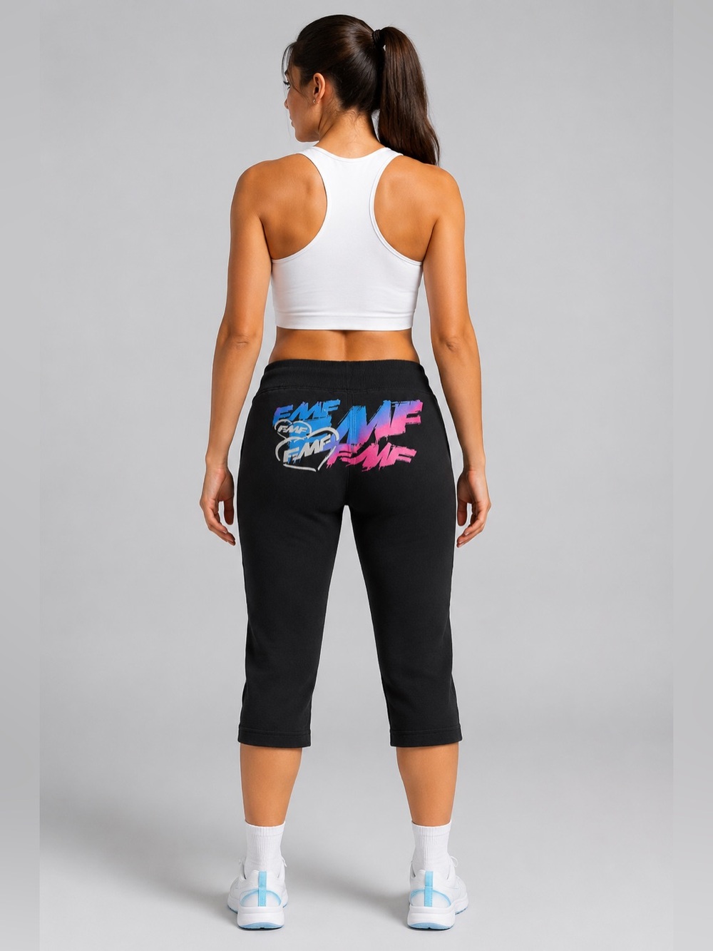 FMF Women’s Small Black Capri Sweatpants Blue Drawstring Back Graphic Y2K